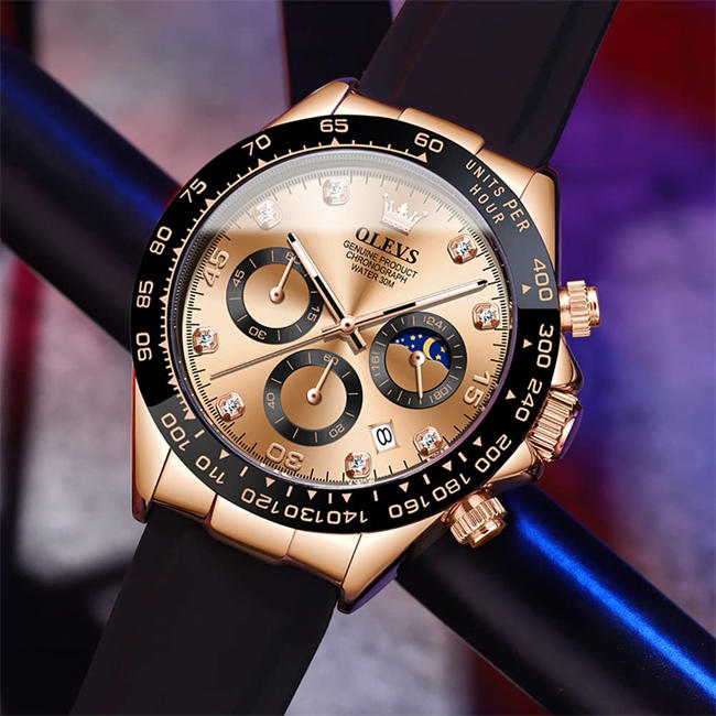 Watches for Men Multifunction Moon Phase Chronograph Analog Quartz Watch Silicone Diamond Waterproof Luminous Wrist Watches